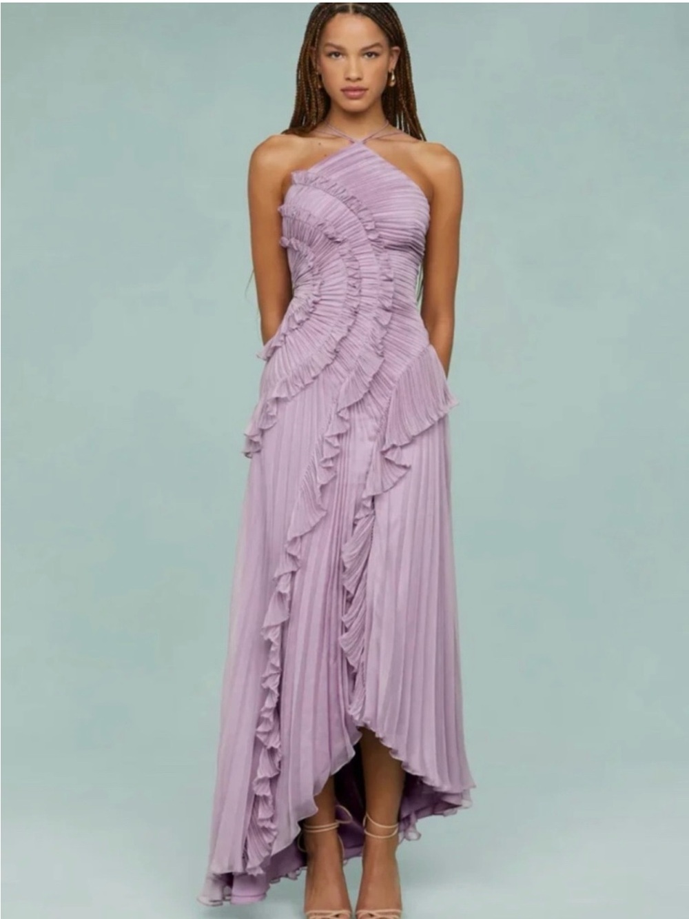 Ruffled Pleated Halter Dress in lavender